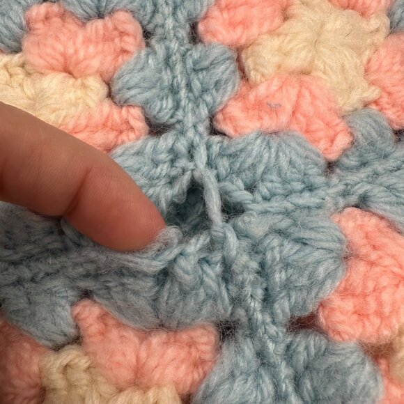 Vintage Crochet Afghan Blanket Throw Pink Blue Fringe Granny Square Handmade - Picture 5 of 8